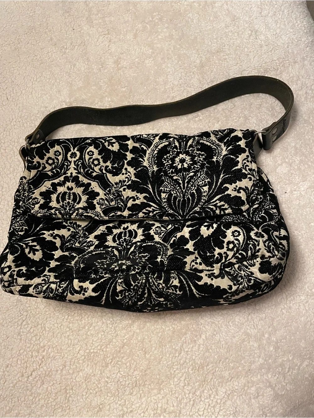 Black & Cream Damask Shoulder Bag with Leather Strap